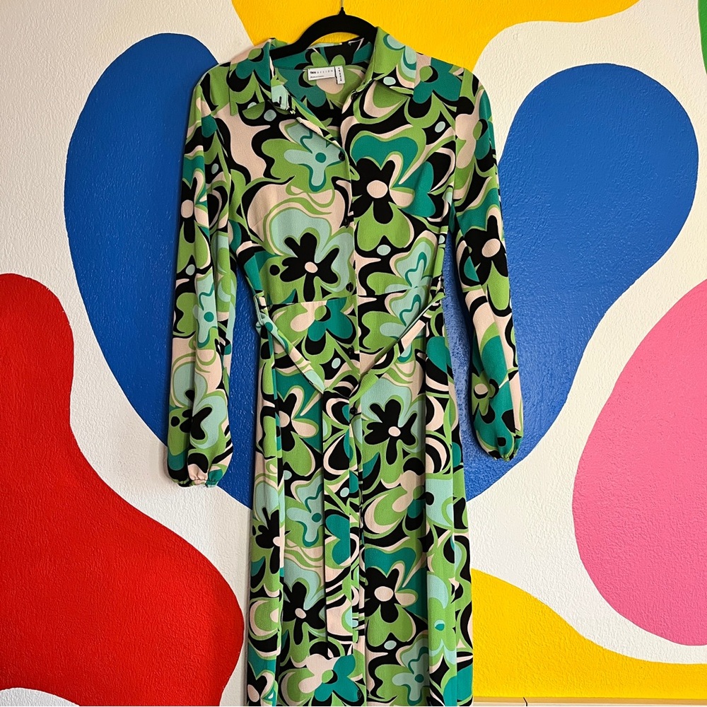 Asos design 60s 70s inspired psychedelic green floral print maxi shirt dress